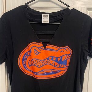 Black V-neck Tee with Orange and Blue Alligator Logo pink brand